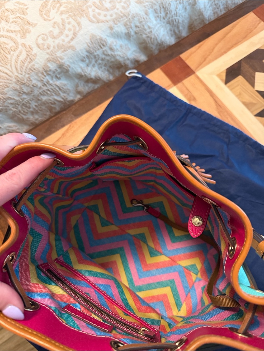 Dooney & Bourke Aqua Leather Drawstring Shoulder Bag with Tan Trim - Picture 4 of 4